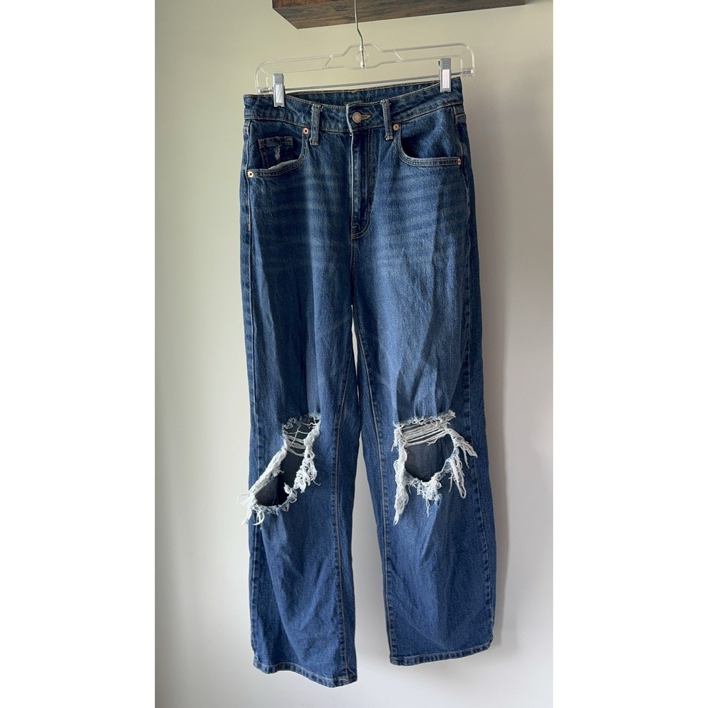 Wild Fable Super High Rise Baggy Jeans Distressed Ripped Knee Blue Denim 4/27R